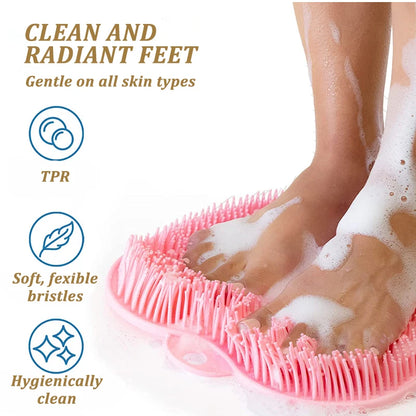 Silicone Back Brush with Non-Slip Shower Mat - Bath Massage Foot Exfoliating Brush Pad with Suction Cups