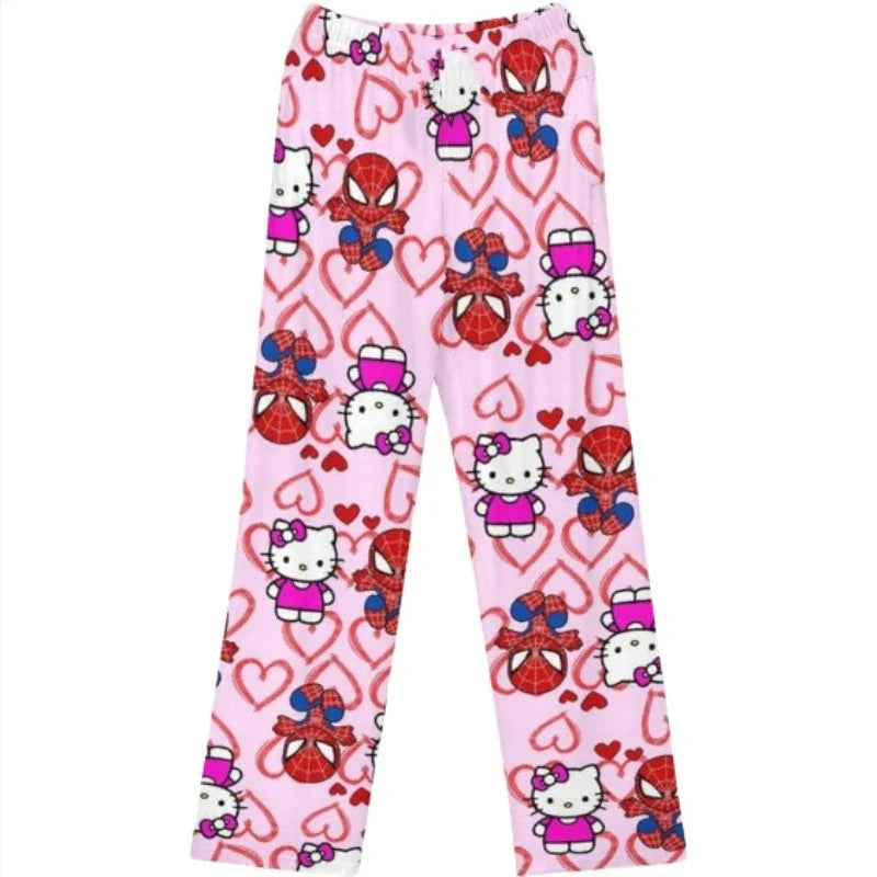 Hello Kitty Spider-Man Cotton Pajama Pants | Loose Cartoon Sleep Bottoms for Women and Men | Comfortable Lounge Wear for Girls