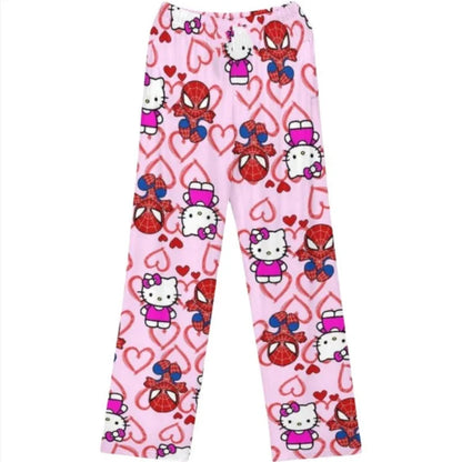 Hello Kitty Spider-Man Cotton Pajama Pants | Loose Cartoon Sleep Bottoms for Women and Men | Comfortable Lounge Wear for Girls