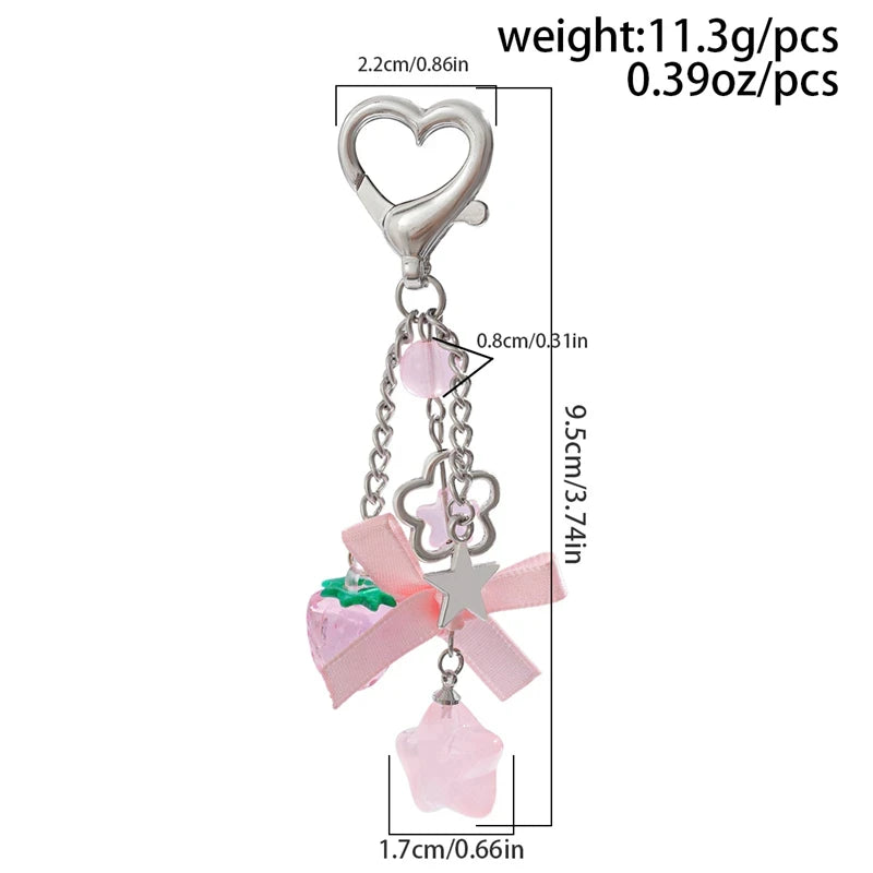 Cute Strawberry Bow Keychain - Y2K Pink Star Flower Tassel Heart Phone Charm Pendant for Women & Girls