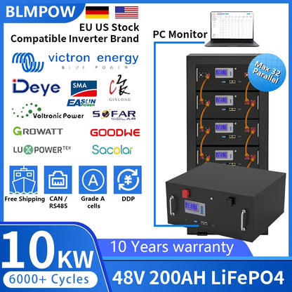 LiFePO4 48V 100Ah/200Ah Lithium Solar Battery Pack – 51.2V 10kW, 6000 Cycles, 16S 200A BMS, Max 32 Parallel for Inverter