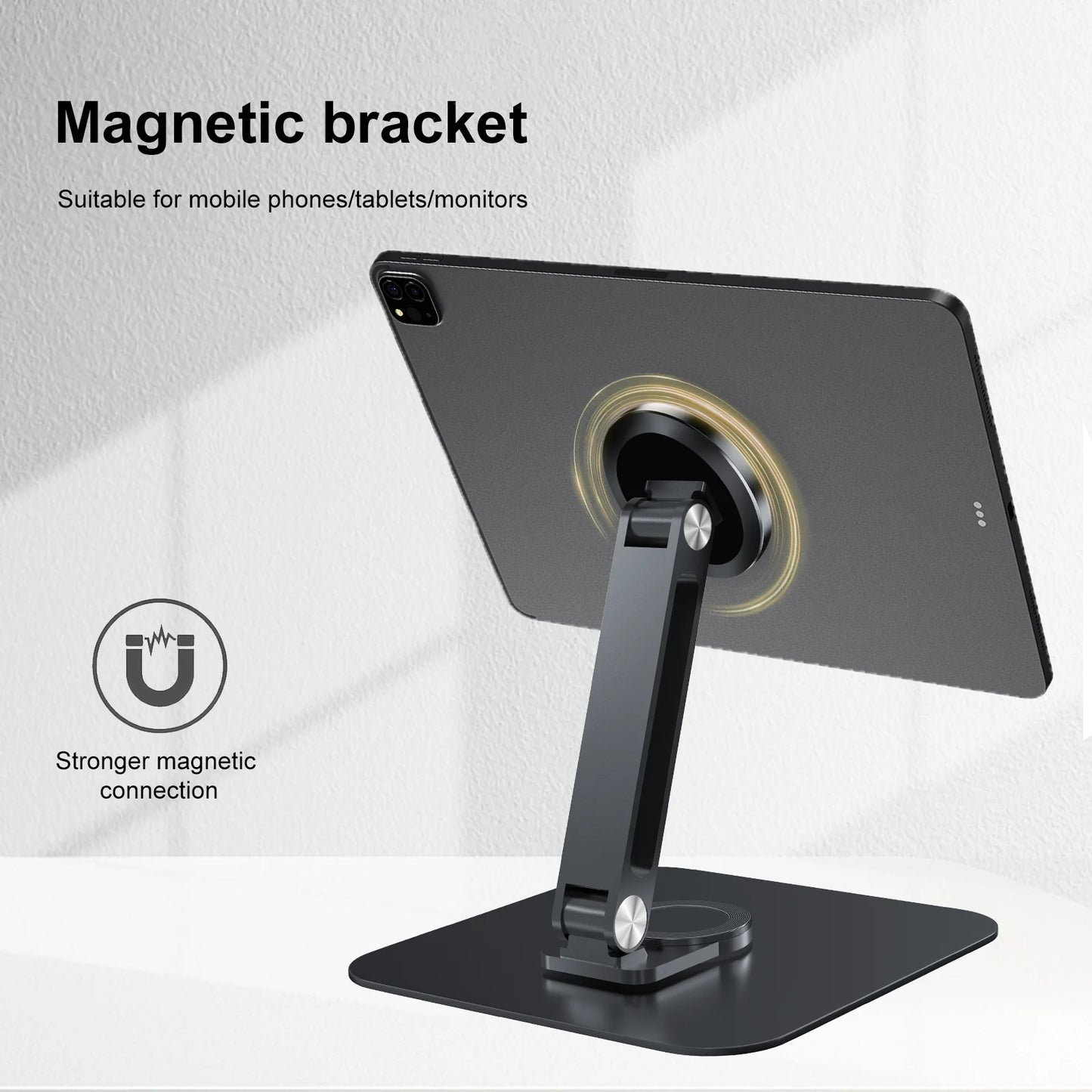 Black Magnetic 360° Rotatable Metal Stand – Stable Holder for 7–21.5" Monitors, iPad & iPhone, Supports up to 3KG