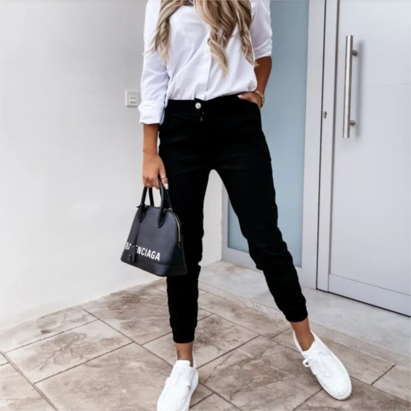 Women’s Slim High-Waist Bodycon Pants – Solid Pencil Trousers with Pockets, Spring & Autumn Casual Wear