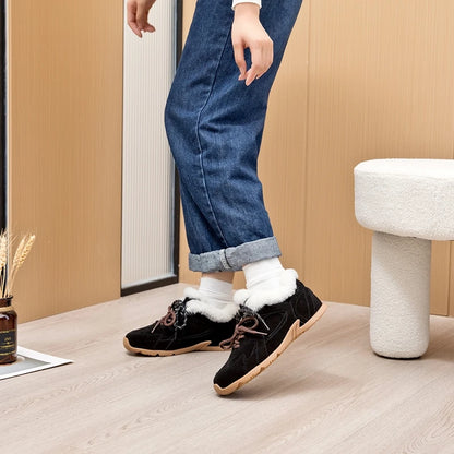 AIYUQI Women's Genuine Leather Sneakers – Retro German Trainers, Winter Velvet Fur, Flat Casual Shoes