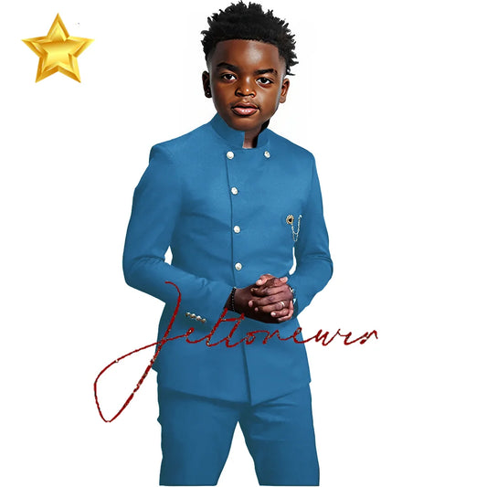 African Style Boys Suit - Stand Collar Blazer and Pants 2 Piece Casual Business Kids Formal Wear