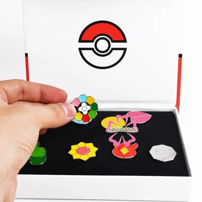 Set of 8 Pokémon Gym Badge Pins – League Region Brooches from Kanto, Johto, Hoenn, Sinnoh, Unova, Kalos & Orange Islands
