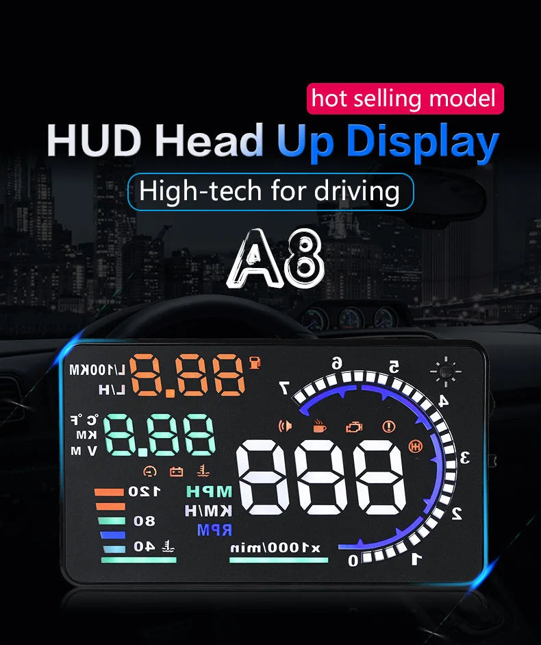 ADQ 5.5" OBD2 HUD Car Head-Up Display – Digital Speedometer, Tachometer, Windshield Projector with Speed, Water Temp & RPM Alarm