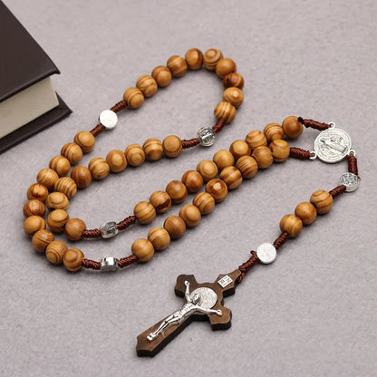 Catholic Wooden Beaded Rosary Necklace – INRI Crucifix Cross Pendant Long Chain Christian Prayer Jewelry for Men & Women