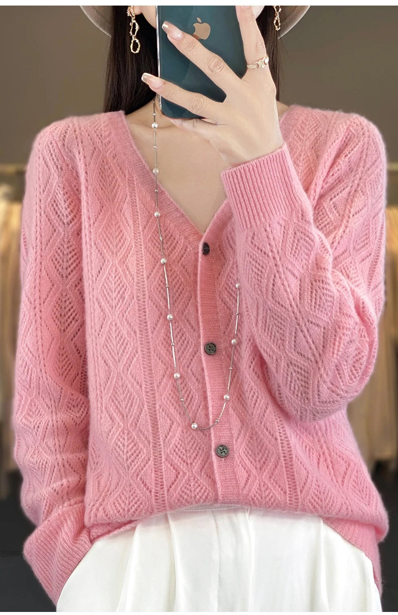 Women's 100% Wool Cashmere Cardigan – V-Neck, Super Soft, Loose Fit, Long Sleeve Knit Sweater
