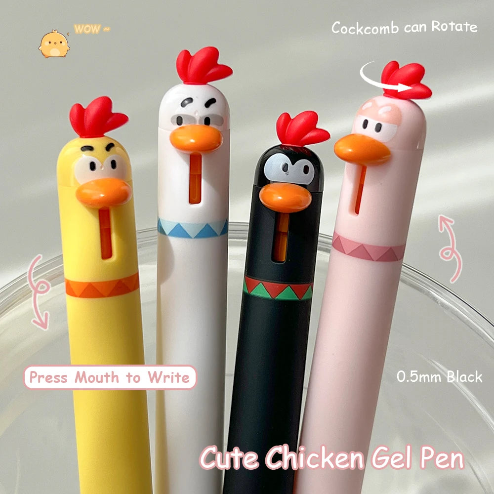 4-Piece Cute Animal Gel Pen Set - 0.5mm Quick-Drying Black Ink Pens with Baby Chicken & Penguin Designs