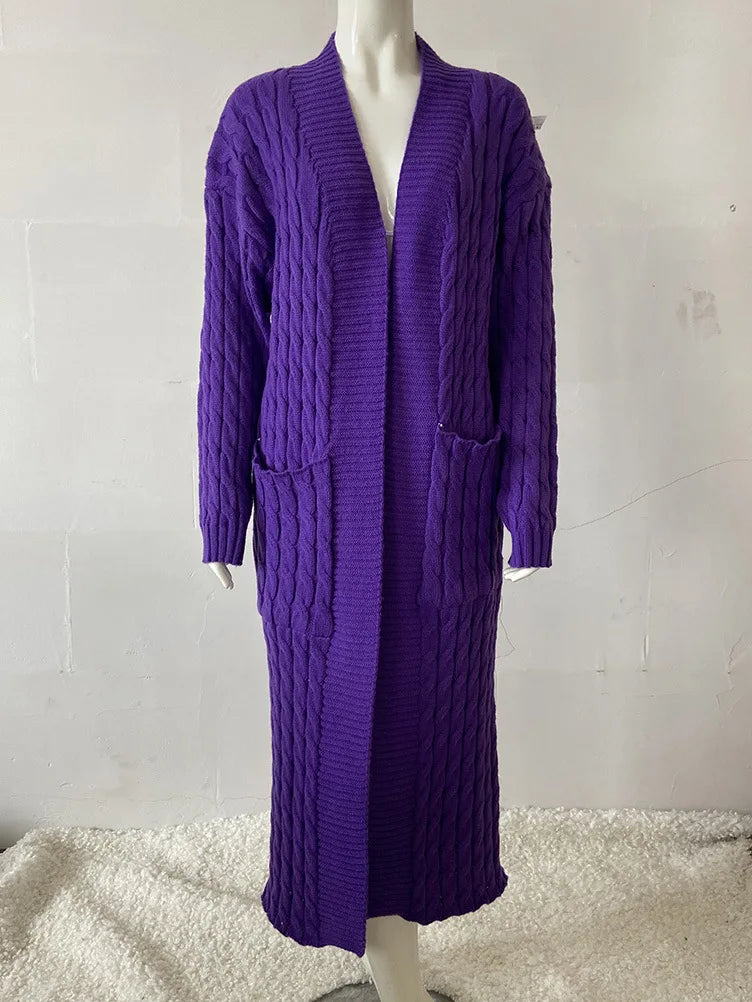 Women’s Long Knit Cardigan with Pockets – Vintage Full Sleeve Thick Autumn Winter Sweater Coat