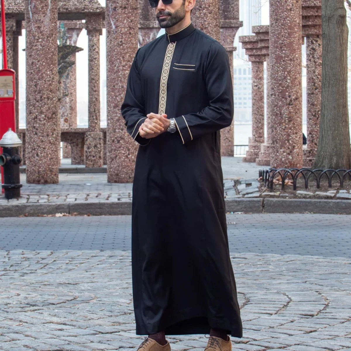 Men’s Embroidered Arabian Thobe - Traditional Islamic Long Sleeve Robe with Stand Collar