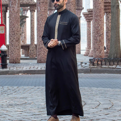 Men’s Embroidered Arabian Thobe - Traditional Islamic Long Sleeve Robe with Stand Collar