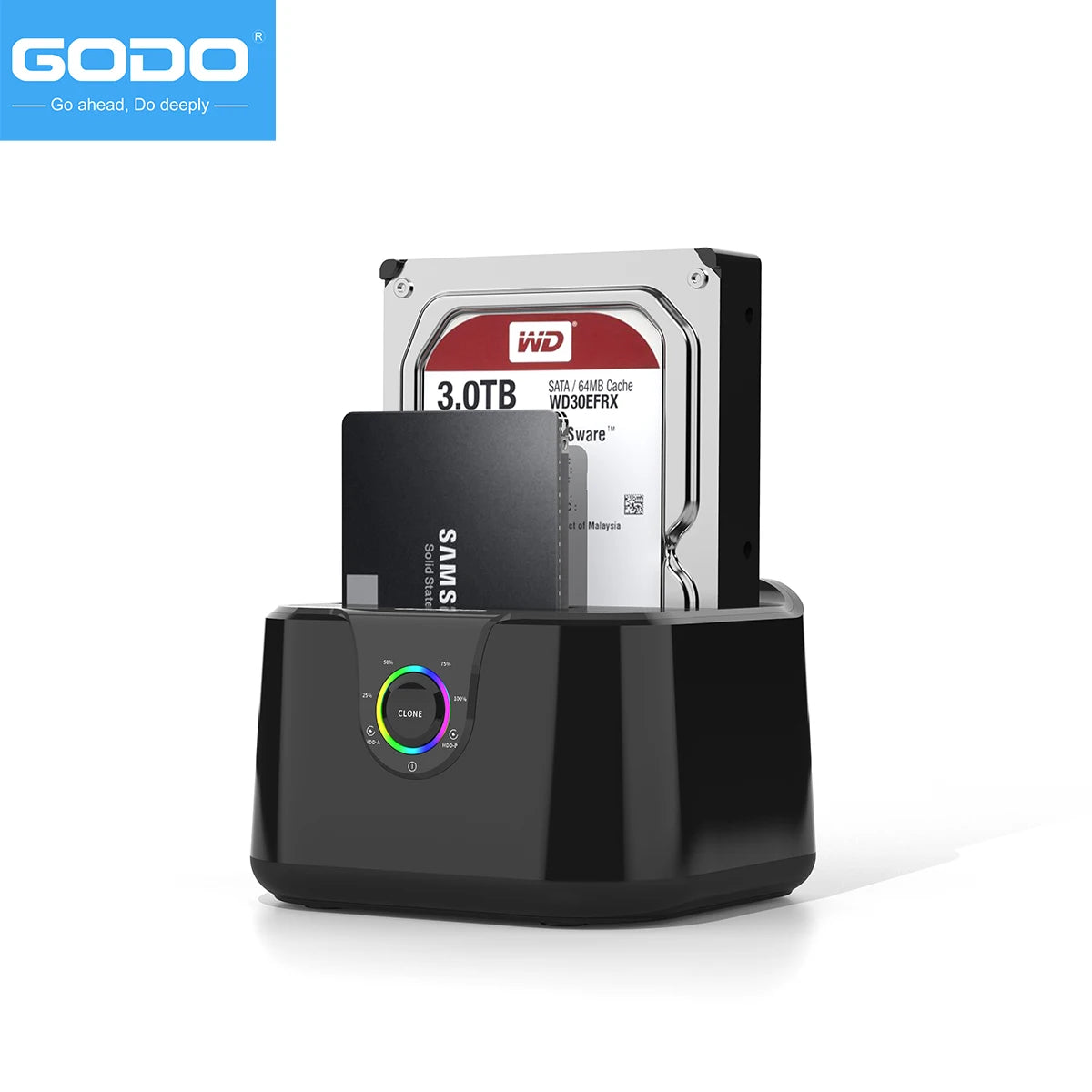 GODO Dual Bay USB 3.0 Hard Drive Docking Station – SATA 2.5"/3.5" HDD & SSD Enclosure with LED Indicator and Fast Data Transfer