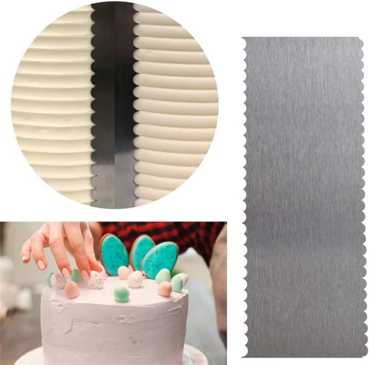 LMETJMA 10" Stainless Steel Cake Scraper – Double-Sided Patterned Edge Smoother & Pastry Cutter JT160