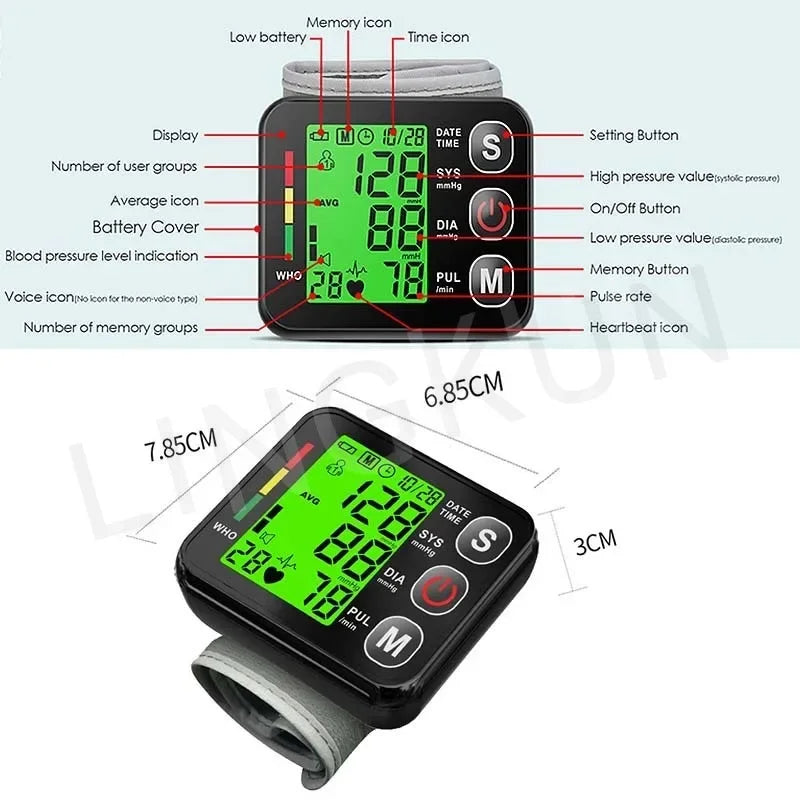 English Voice Digital Wrist Blood Pressure Monitor – High-Accuracy Electronic Sphygmomanometer Tonometer