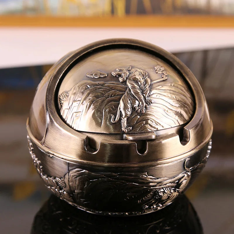 Vintage Metal Ashtray with Lid - Multi-Functional, Anti-Fly Ash, Decorative for Home, Office, and Living Room - Unique Retro Gift