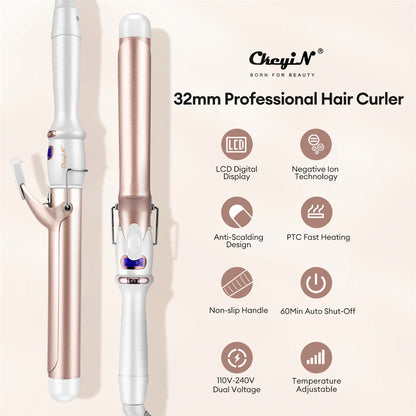 CkeyiN 32mm/38mm Electric Hair Curler – Professional Ceramic Curling Iron with Adjustable Temperature for Women