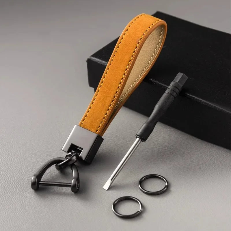 Luxury Genuine Leather Car Keychain – Pure Color Buckle Key Ring, Stylish Car Accessory Gift