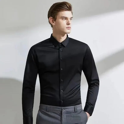 Men's Long-Sleeved Elastic Dress Shirt - Non-Iron Business Attire with Stand-Up Collar - Professional Work Shirt