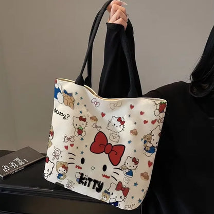 Kawaii Sanrio Hello Kitty Canvas Shoulder Bag – Large Capacity Cute Backpack Schoolbag Handbag Gift for Girls Birthday & Daily Use