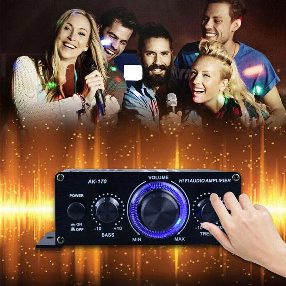 AK170 Mini Digital Power Amplifier – 200Wx2 Stereo Audio Amplifier with Blue Light for Home Theater & Party Music