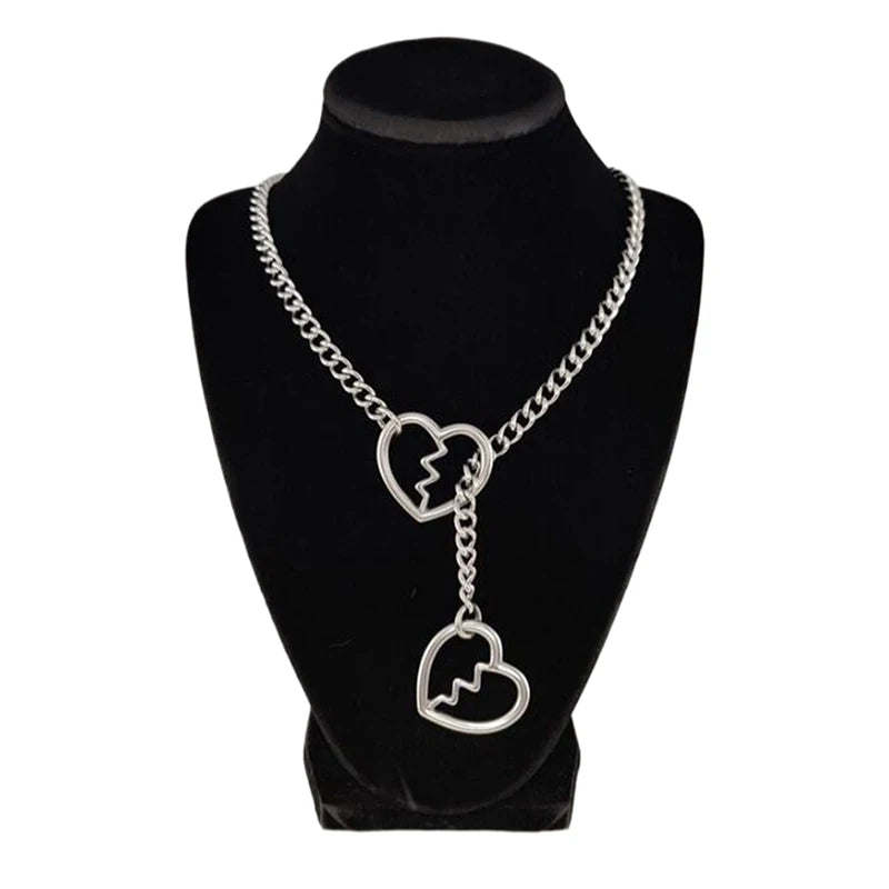 Heart O-Ring Punk Rock Necklace – Stainless Steel Cuban Chain Y-Necklace for Women
