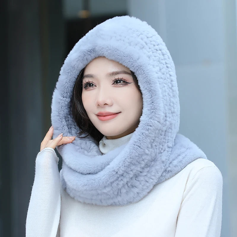 2025 Women’s Knitted Rex Rabbit Fur Hat – Hooded Scarf with Neck Collar, Long Winter Warm Fur Hat & Scarf Set