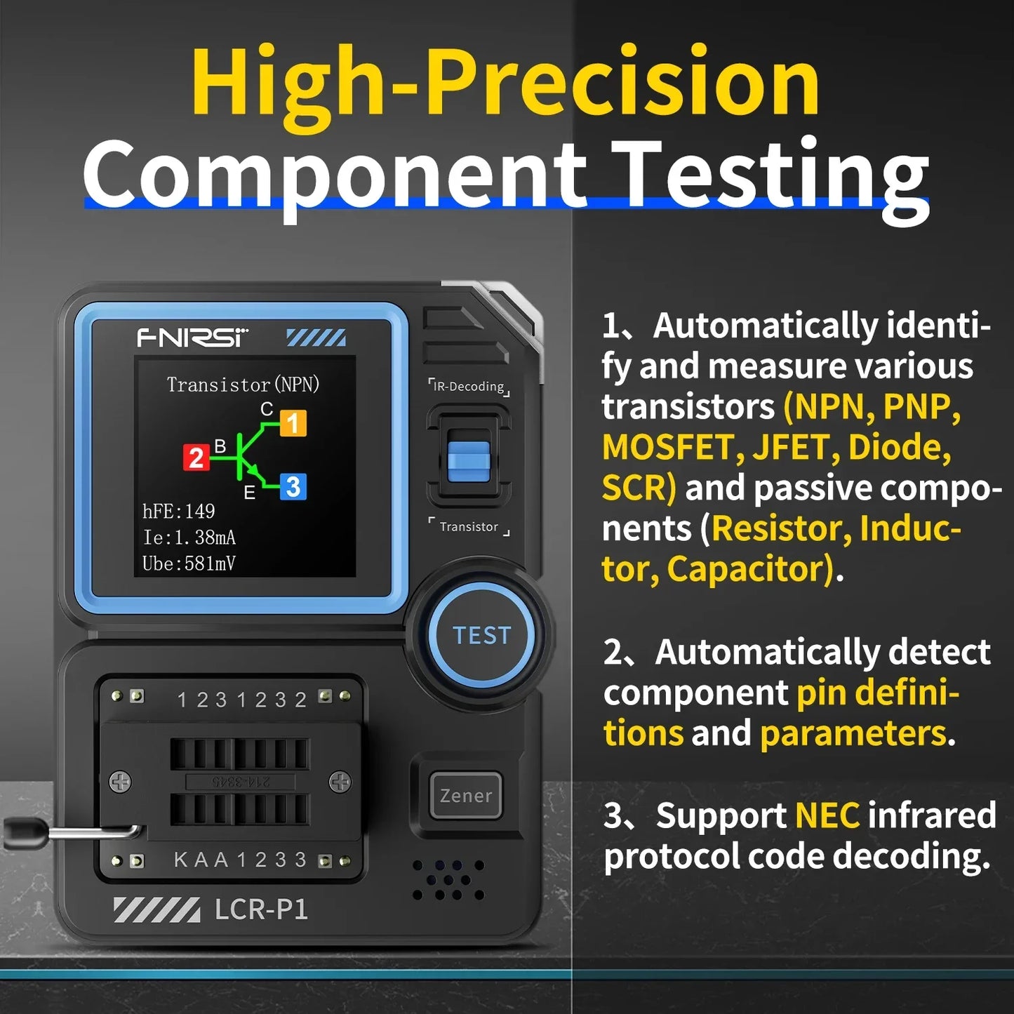 LCR-P1 Transistor Tester — Multifunction Diode, Triode, Capacitance & Resistance Meter for NPN, PNP, MOSFET, IR, LCR, ESR Testing