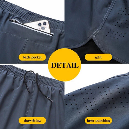 Men’s Quick-Dry Running Shorts — Black Double Layer Sport Workout Training Bodybuilding Shorts