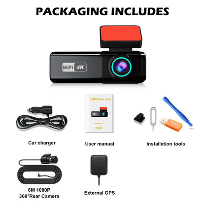 Aprilboy 4K WiFi Dash Cam 2160P – Dual Lens Front & Rear Car DVR, Night Vision, G-Sensor, 24H Parking Monitor