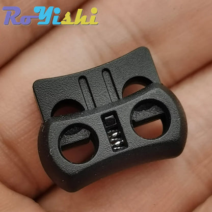 10pcs 2-Hole Plastic Cord Lock Toggle – Black Stopper Clip 15x20x7.5mm for Drawstrings & Lanyards