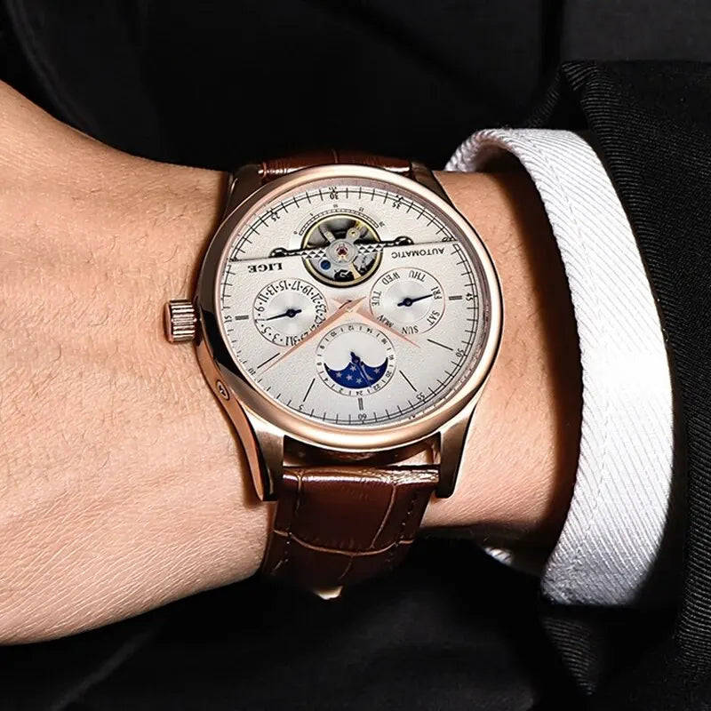 LIGE Men's Automatic Mechanical Tourbillon Watch - Waterproof Genuine Leather Military Wristwatch