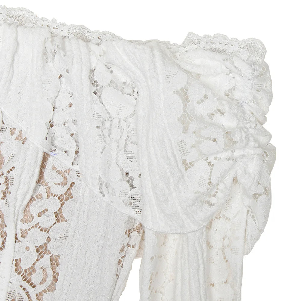 Suninheart White Off-Shoulder Bodycon Dress – 2025 Elegant Lace Long Sleeve Maxi Dress for Women, Wedding Guest Outfit