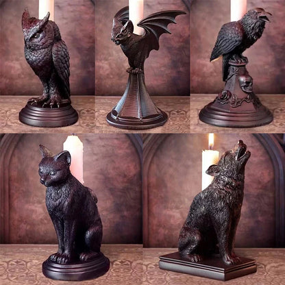 Retro Gothic Animal Candle Holders - Black Bat, Wolf, Leopard, Crow, Cat Designs for Halloween and Fun Home Decor