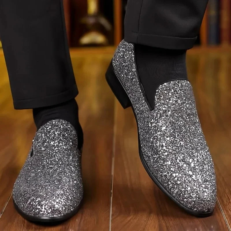 Men’s Luxury Sequin Loafers - Gold & Silver Formal Slip-On Wedding and Party Shoes