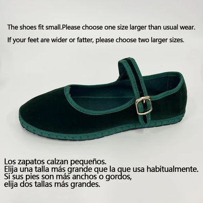Women's Velvet Mary Jane Shoes – Hand-Stitched Ballet Flats, Casual Streetwear Loafers in Solid Colors