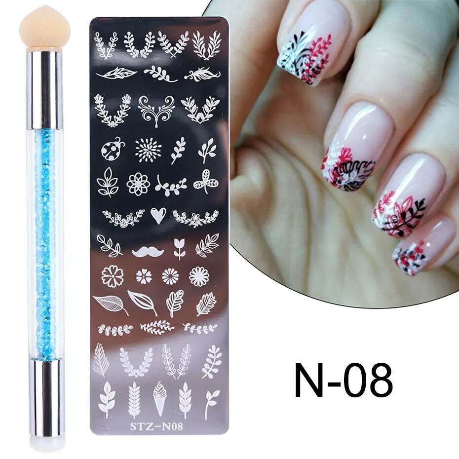 Nail Stamping Plates Set with Silicone Stamper & Brush - Flower and Geometry Transfer Stencils for Nail Art Manicure