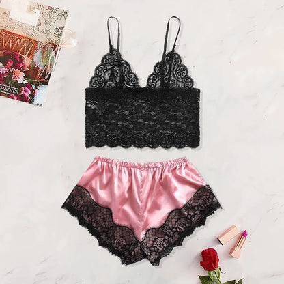 2025 Summer Women's Sexy Lace See-Through Pajamas Set – Black & Pink, Comfortable Breathable Suspender Shorts