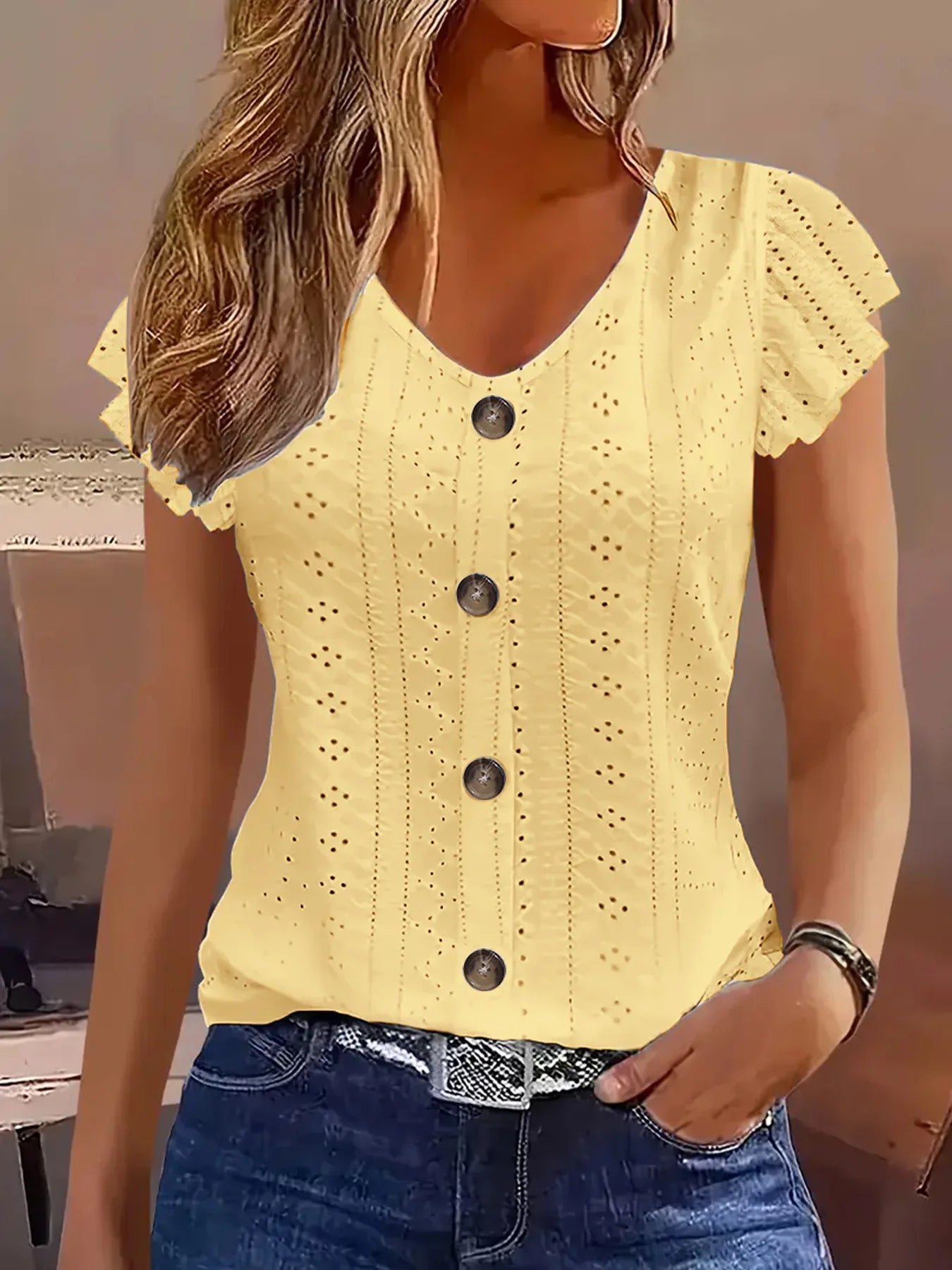 2025 Women’s Spring/Summer Fashion T-Shirt – Stylish Commute Casual V-Neck with Ruffle Sleeves, Solid & Multi-Color Options