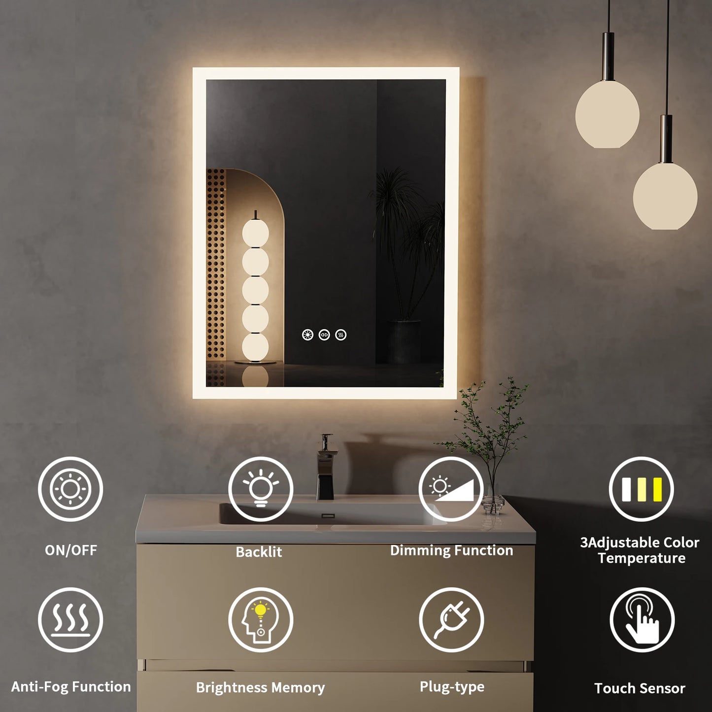 16x20 inch LED Lighted Bathroom Mirror – Wall-Mounted Vanity Mirror with Anti-Fog, Smart Touch Button & Memory Function