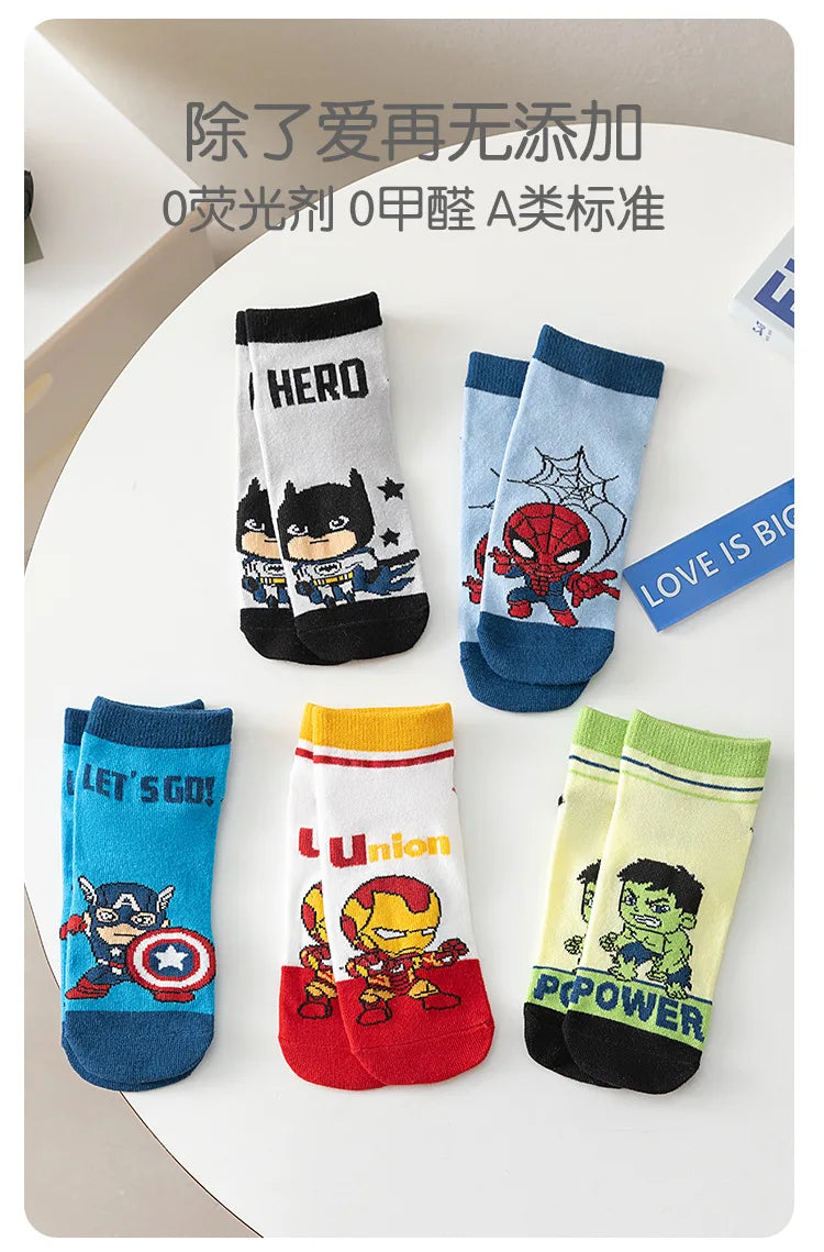 5 Pairs Spiderman Cotton Socks for Kids – Iron Man, Hulk, Thor Anime Boys Short Socks, Cartoon Baby Spring & Summer Footwear