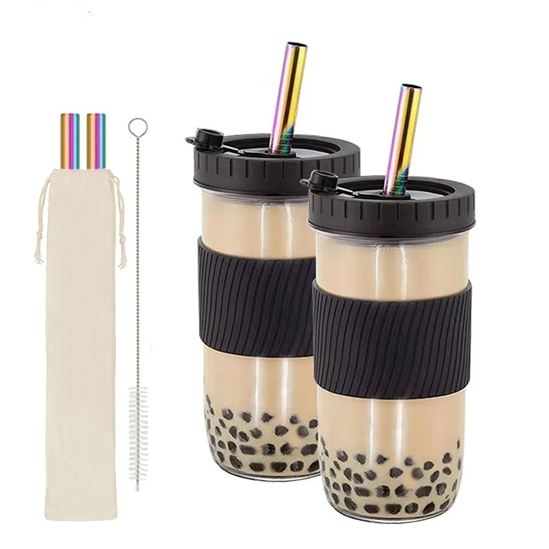 2Pcs Reusable Colored Plastic Water and Coffee Cups with Sealed Lids and Straws - Perfect for Family Travel