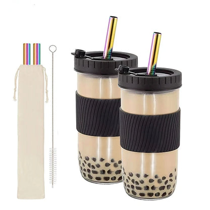 2Pcs Reusable Colored Plastic Water and Coffee Cups with Sealed Lids and Straws - Perfect for Family Travel
