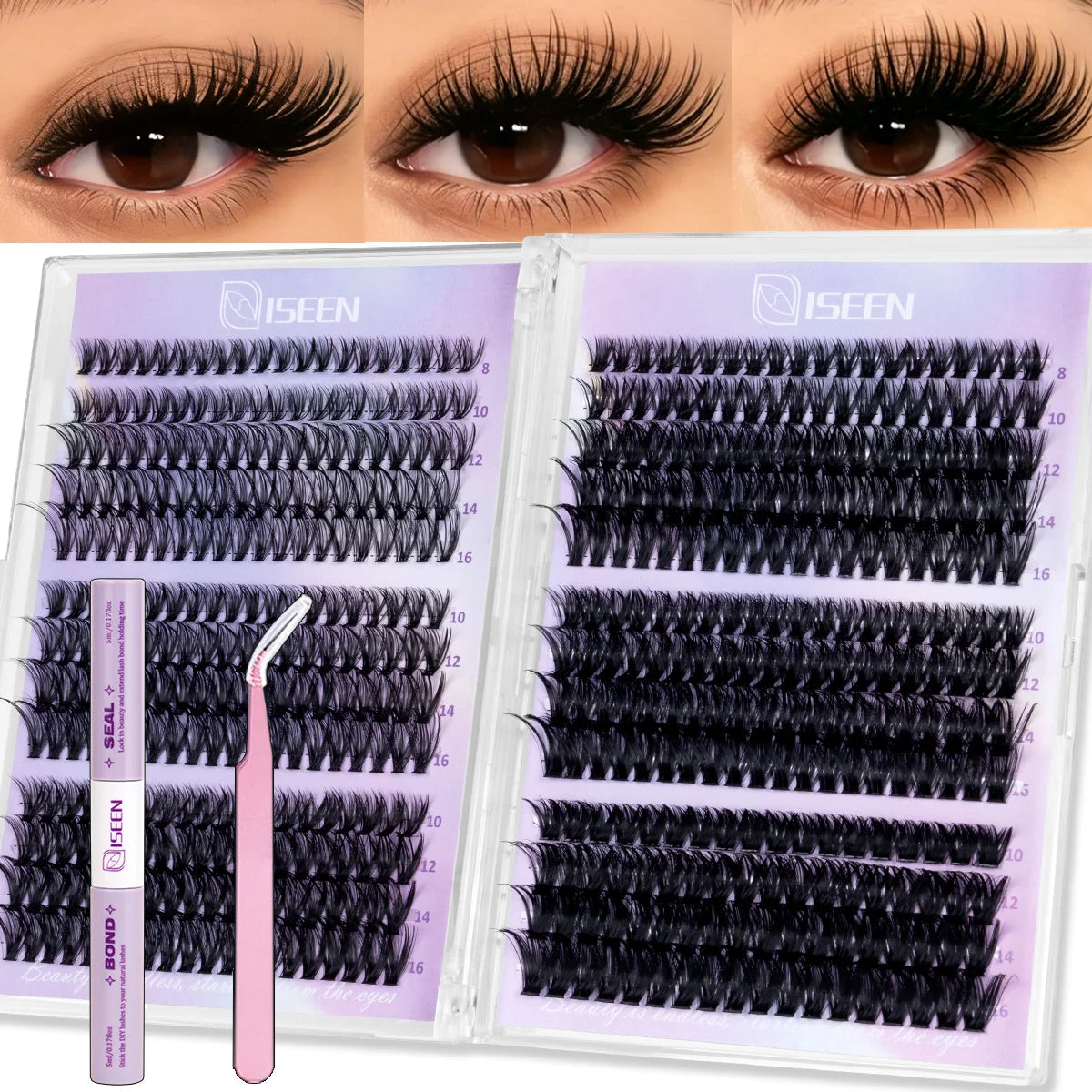 DIY Lash Clusters Kit – Wispy Natural C Curl Eyelash Extensions 8–16mm with Bond & Seal for Salon-Style Eyelash Makeup