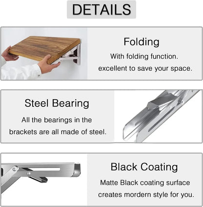 2PC Heavy-Duty Folding Shelf Brackets – Stainless Steel Wall-Mounted Collapsible Supports for Garage & Workstation