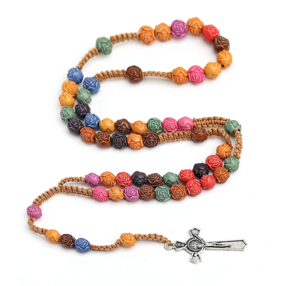 Christian Rose Bead Rosary Necklace – INRI Cross Crucifix Pendant Long Chain for Women, Religious Fashion Jewelry Gift