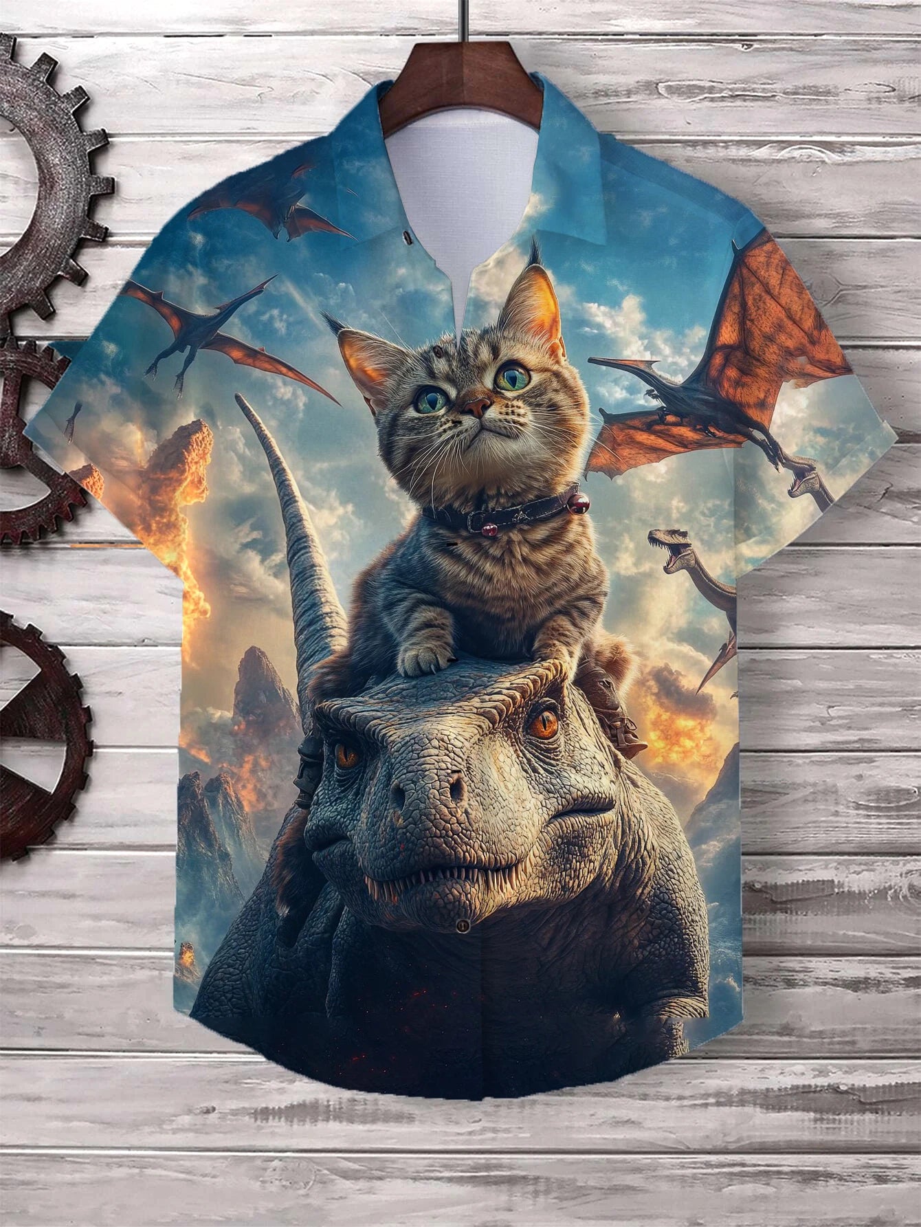 Men’s Cat Graphic Button Down Shirt - Oversized Short Sleeve Summer Hawaiian Vacation Top