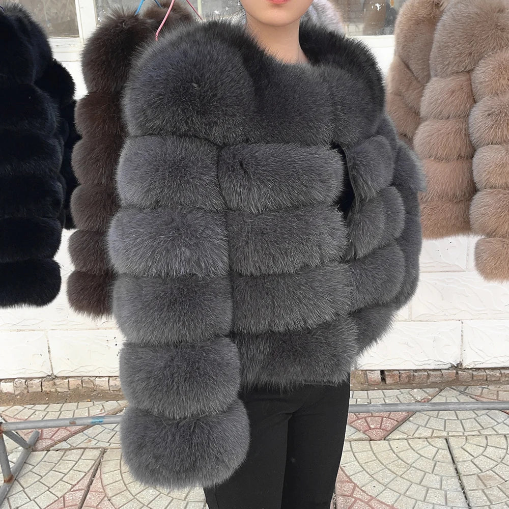 QUEENTINA Women’s Real Fox Fur Coat – Brown Leather & Skin Winter Fashion Outerwear 2025