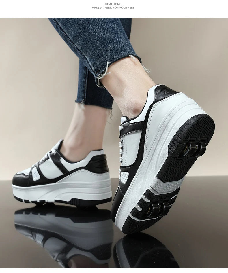 Four-Wheel Roller Shoes for Boys & Girls – Casual Outdoor Sports Sneakers with Pulleys, Slide & Shrink School Walking Shoes